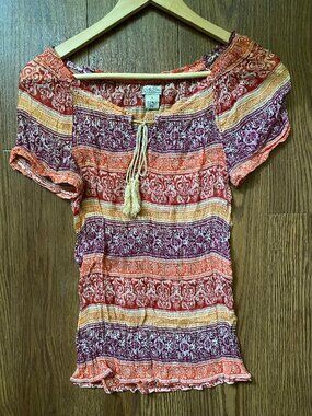 Lucky Brand Live in Love Boho Smocked Crinkle Peasant Blouse Tassel Tie - S